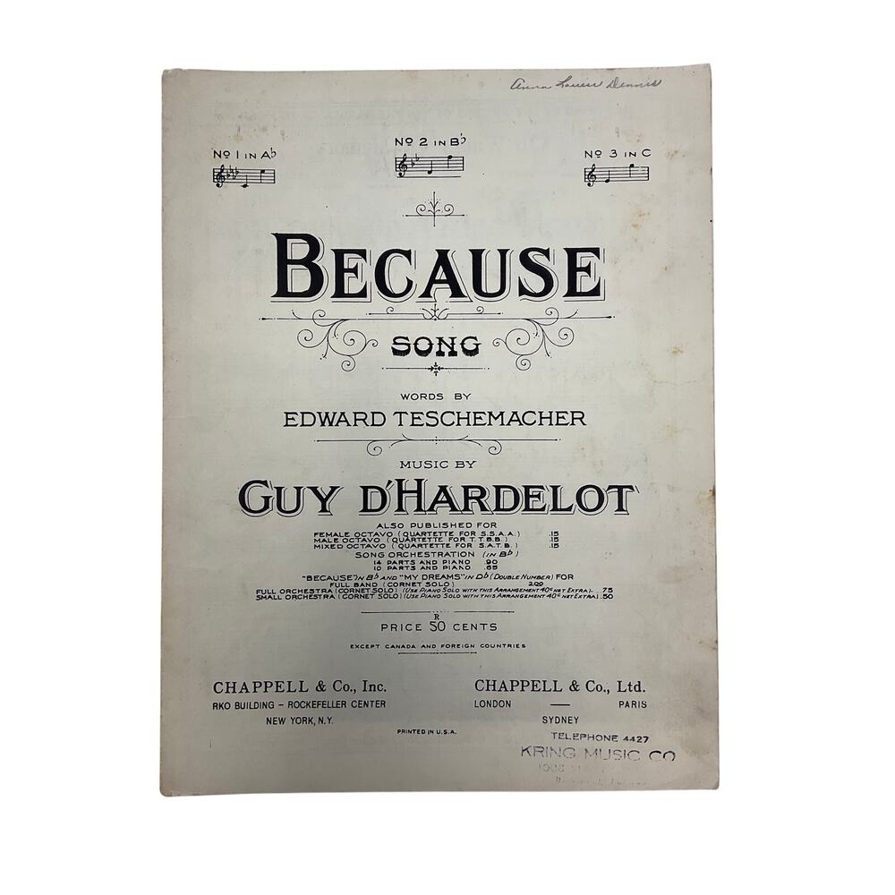 Because‎ Song Sheet Music 1952 Edward Teschemacher Guy DHardelot